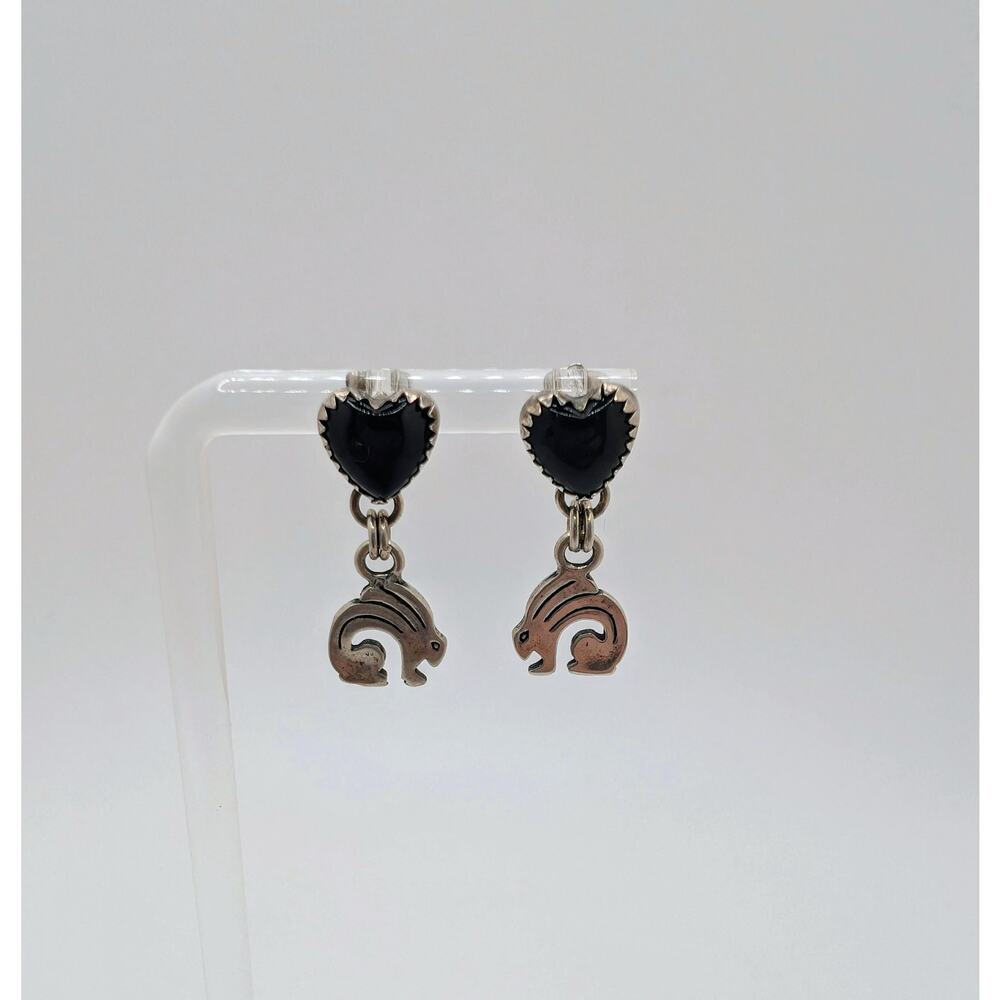 Rare NA Rabbit Totem and Blk Onyx Heart SS Earrings signed QT Quac Turquoise Inc - Picture 7 of 7